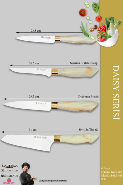 Daisy Serisi Mutfak Bıçak Seti Et Ekmek Sebze Şef Bıçağı 4 Lü Set (Mft-452) - 2