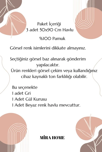 3 lü Renkli El Yüz Havlu Seti %100 Pamuklu Natural Harmony - 6