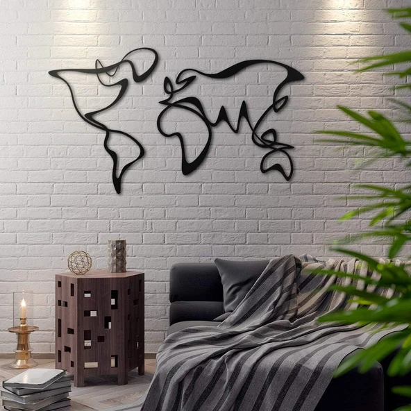 Dekoratif Ev Ofis İçin Siyah Metal Dünya Haritası Duvar Tablosu Büyük Boy m10 - 6