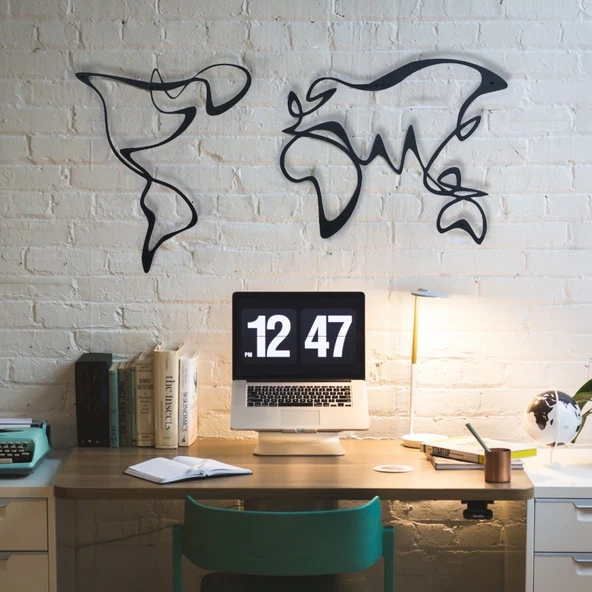 Dekoratif Ev Ofis İçin Siyah Metal Dünya Haritası Duvar Tablosu Büyük Boy m10 - 9