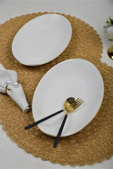 Farika Porselen Şems Altın Yaldız 28cm 2'li Porselen Kayık Tabak Takımı - 2