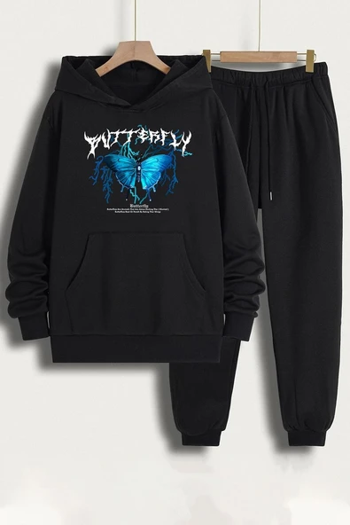 Unisex Blue Butterfly Baskılı Eşofman Takımı - 3