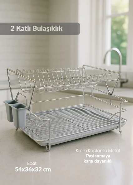 2 Katlı Bulaşıklık Çelik Tezgah Üstü Tabaklık BPA FREE Bulaşık Sepeti Kurutmalık Gri ürün görseli 1