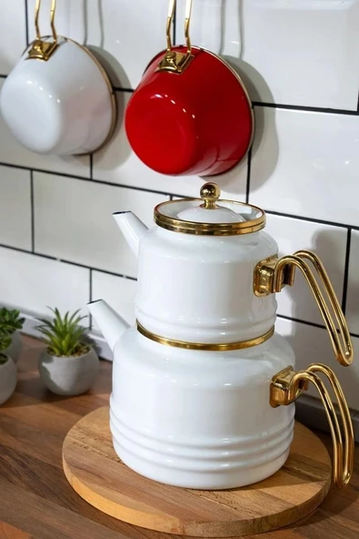 MissBetty Linea Troy Emaye Çaydanlık Takımı Beyaz