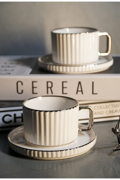 Farika Porselen Satürn 4 Parça 2 Kişilik Platin Yaldız Porselen Çay Fincan Seti