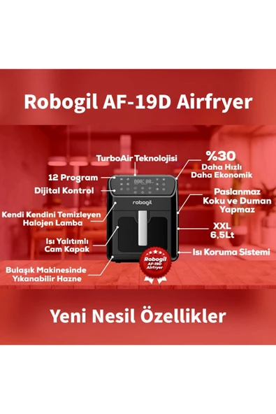 ROBOGİL Af-19d Airfryer Xxl 6,5lt Halojen Lambalı Cam Kapaklı Sıcak Hava Fritözü - 4