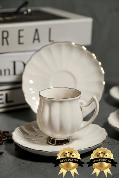 Farika Porselen Lale 12 Parça 6 Kişilik Platin Yaldız Porselen Kahve Fincan Takımı