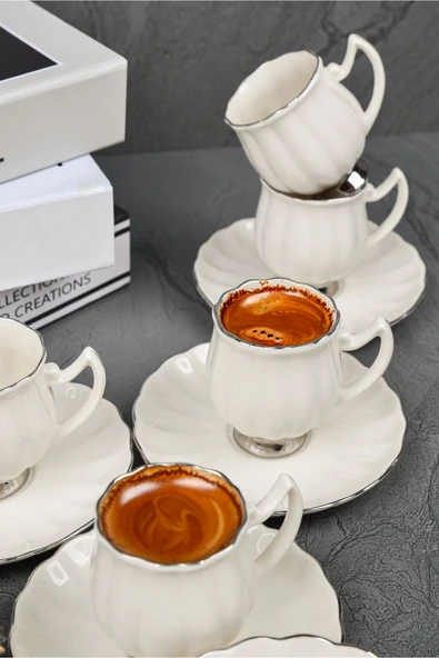 Farika Porselen Lale 12 Parça 6 Kişilik Platin Yaldız Porselen Kahve Fincan Takımı - 3