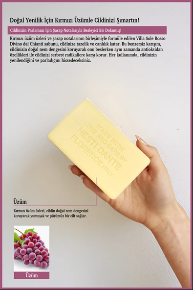 Nesti Dante Villa Sole Rosso Divino Del Chianti Katı Sabun 250gr | Antiflamatuar Ve Antioksidan | Üzüm Özü - Resim 3