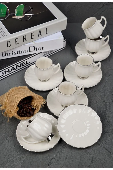 Farika Porselen Lale 12 Parça 6 Kişilik Platin Yaldız Porselen Kahve Fincan Takımı - 2