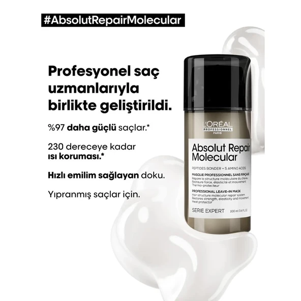 L'oreal Professionnel Serie Expert Absolut Repair Molecular Yıpranmış Saçlar İçin Durulanmayan Maske 100m - 3
