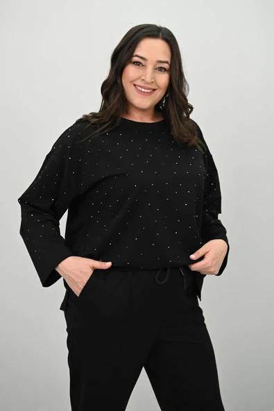 Kadın Büyük Beden Taş Baskılı Truvakar Kol İki İplik Eşofman Takımı 8172-25 - 6