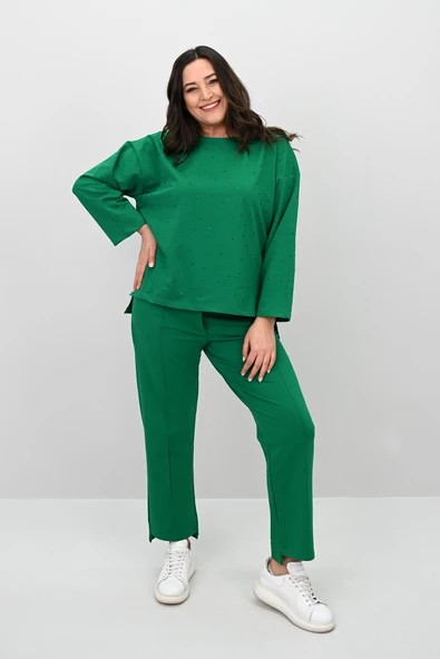 Kadın Büyük Beden Taş Baskılı Truvakar Kol İki İplik Eşofman Takımı 8172-25 - 10