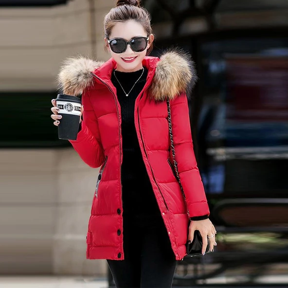 Kürk Yaka Orta Boy Şişme Kadın Mont - Resim 2