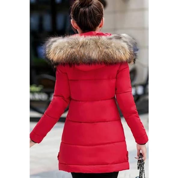 Kürk Yaka Orta Boy Şişme Kadın Mont - Resim 3