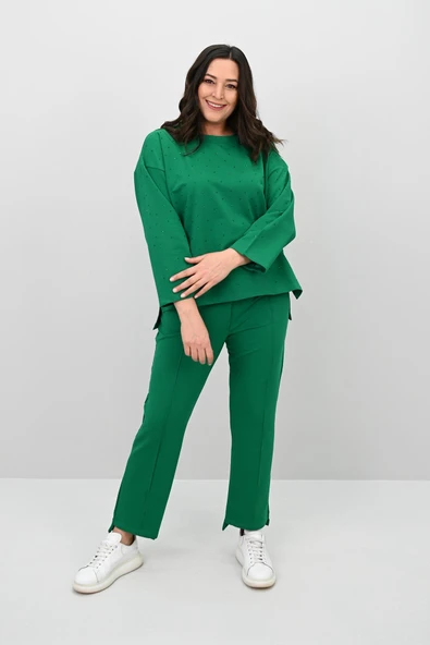 Kadın Büyük Beden Taş Baskılı Truvakar Kol İki İplik Eşofman Takımı 8172-25 - 9