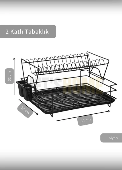 2 Katlı Bulaşıklık Çelik Tezgah Üstü Tabaklık BPA FREE Bulaşık Sepeti Kurutmalık Siyah - 2
