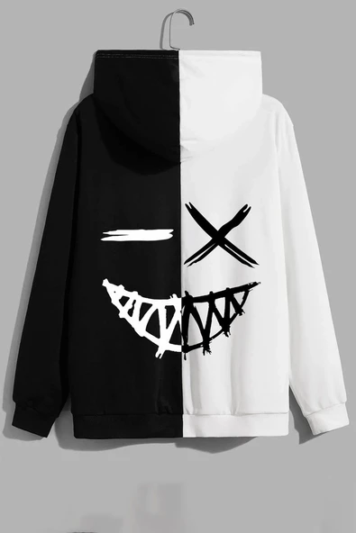 Unisex Cartoon Face Siyah Beyaz Hoodie