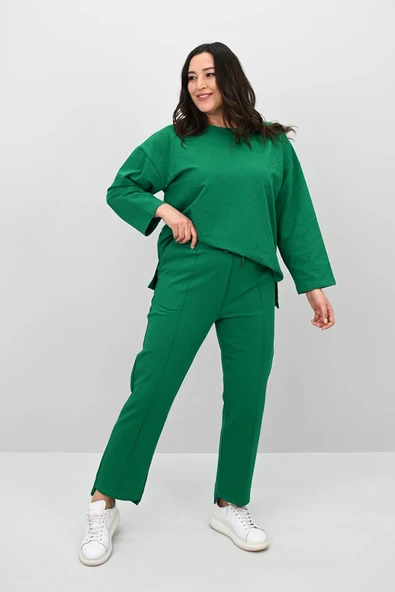 Kadın Büyük Beden Taş Baskılı Truvakar Kol İki İplik Eşofman Takımı 8172-25 - 11