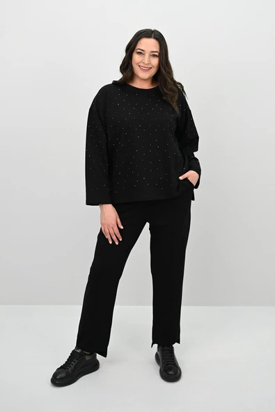 Kadın Büyük Beden Taş Baskılı Truvakar Kol İki İplik Eşofman Takımı 8172-25 - 3