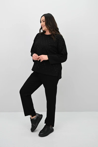 Kadın Büyük Beden Taş Baskılı Truvakar Kol İki İplik Eşofman Takımı 8172-25 - 4