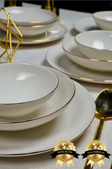Farika Porselen Fif 18 Parça 6 Kişilik Altın Yaldız Porselen Yemek Takımı