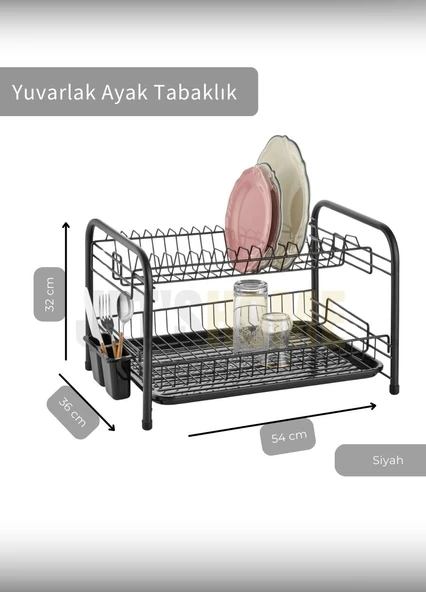 2 Katlı Bulaşıklık Tezgah Üstü Tabaklık BPA FREE Bulaşık Sepeti Yuvarlak Ayak Siyah - Resim 3