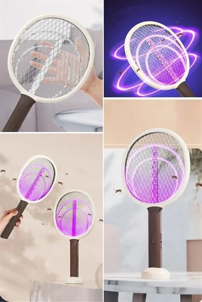 BUFFER® Şarjlı Sinek Öldürücü Masaüstü Standlı,Mor Işık 43cm Sinek Kovucu Raket - 6