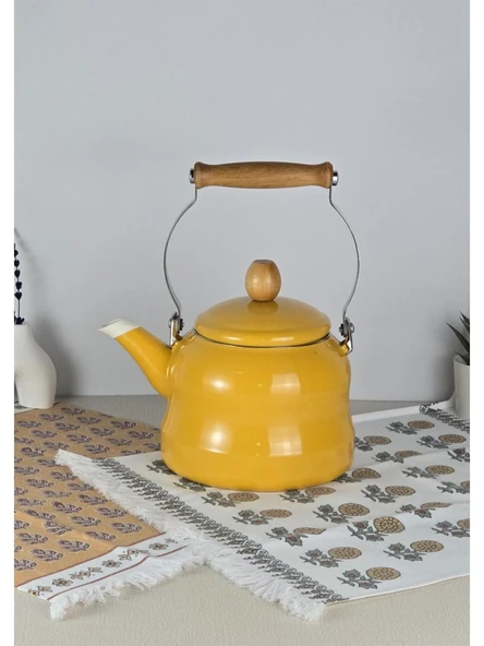 Alev Vintage Demlik Ahşap Saplı Emaye Çaydanlık Kettle 2,5Lt Sarı