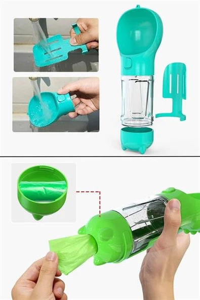 BUFFER® Taşınabilir Hazneli Mama Kaplı ,Kaka Poşetli Kedi,Köpek Suluğu-300ml - 9