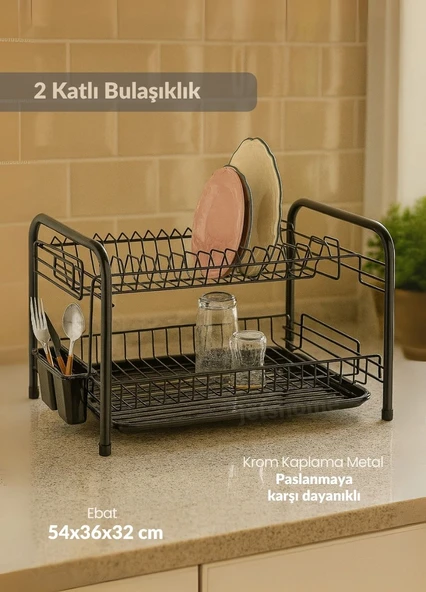 2 Katlı Bulaşıklık Tezgah Üstü Tabaklık BPA FREE Bulaşık Sepeti Yuvarlak Ayak Siyah ürün görseli 1