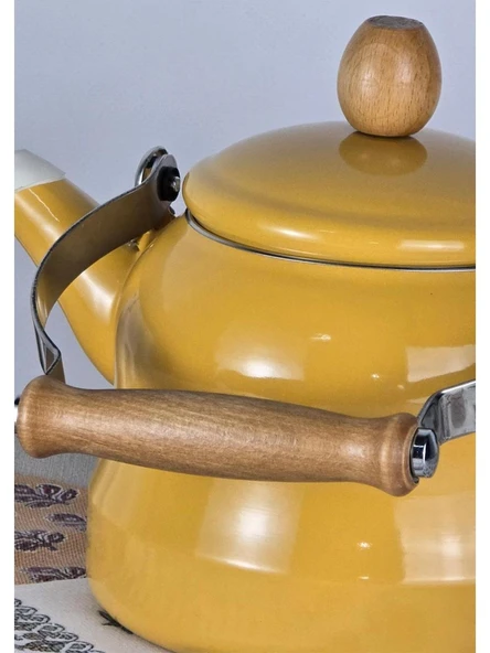 Alev Vintage Demlik Ahşap Saplı Emaye Çaydanlık Kettle 2,5Lt Sarı - 3