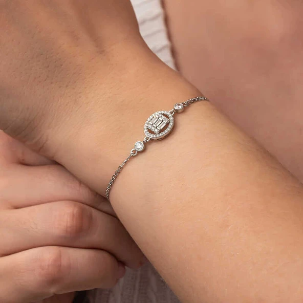 Gümüş Oval Baget Taşlı Kadın Bileklik - Resim 5