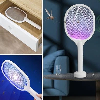 BUFFER® Şarjlı Sinek Öldürücü Masaüstü Standlı,Mor Işık Sinek Kovucu Raket 5w - 2