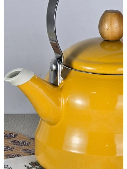 Alev Vintage Demlik Ahşap Saplı Emaye Çaydanlık Kettle 2,5Lt Sarı - 2