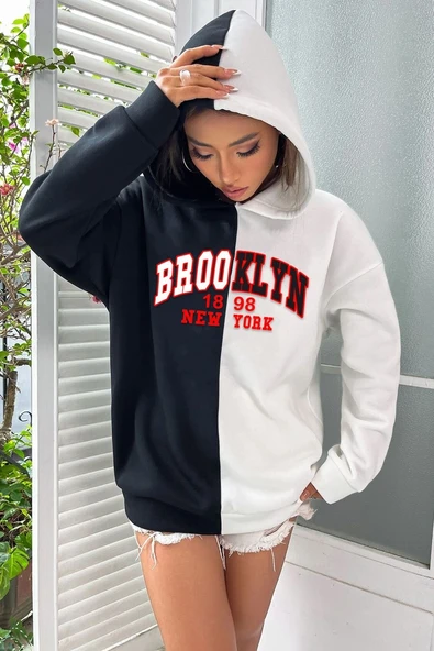 Unisex Brooklyn Siyah Beyaz Hoodie