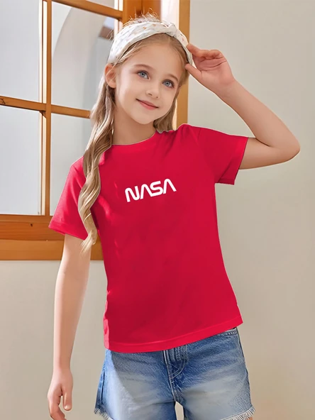 Çocuk Nasa Yazı Baskılı Pamuklu Tshirt - 1