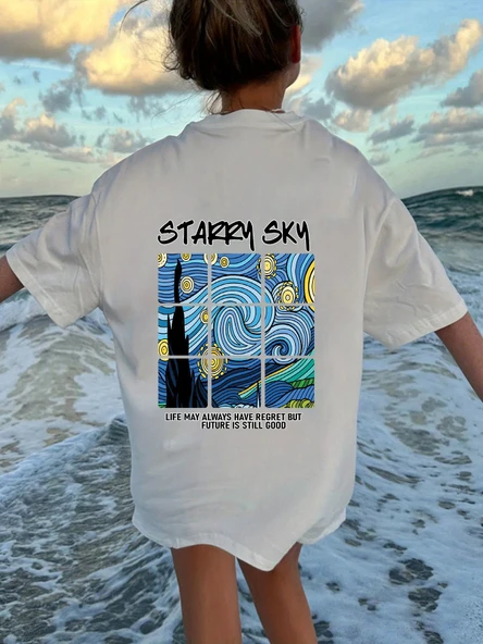 Çocuk Starry Sky baskılı Pamuklu Tshirt - 1