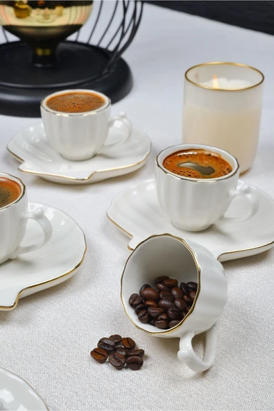 Farika Porselen Işıl 12 Parça 6 Kişilik Altın Yaldız Porselen Kahve Fincan Takımı - 3