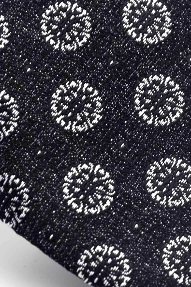 Gri Yuvarlak Desenli Siyah Dokuma Kumaş Mendilli Slim Fit Kravat // SDK-250204 - Resim 3