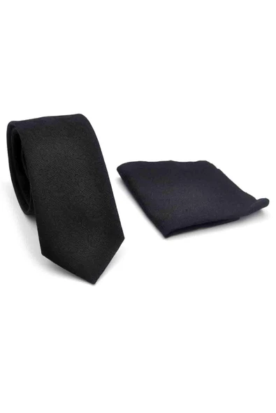 Siyah Şal Desenli Dokuma Kumaş Mendilli Slim Fit Kravat // SDK-250201 - Resim 2