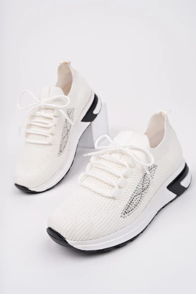 Muggo MARTHA Kadın Kalın Taban Günlük Triko Taşlı Bağcıklı Sneaker Spor Ayakkabı - 7