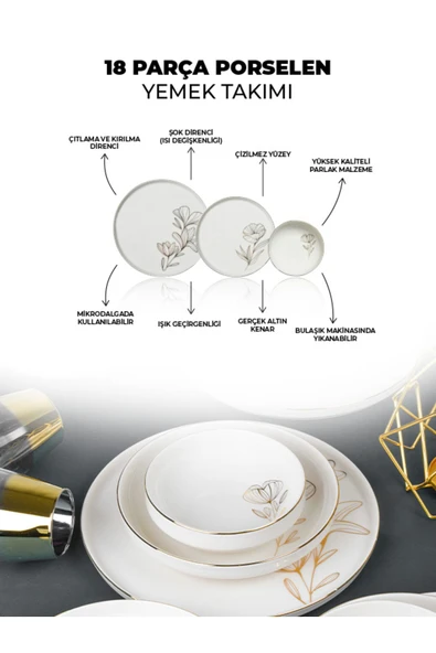 Farika Porselen Asude 18 Parça 6 Kişilik Altın Yaldız Porselen Yemek Takımı - 4