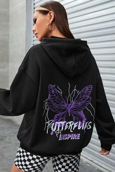 Unisex Butterfly & Letter Graphic Baskılı Sweatshirt