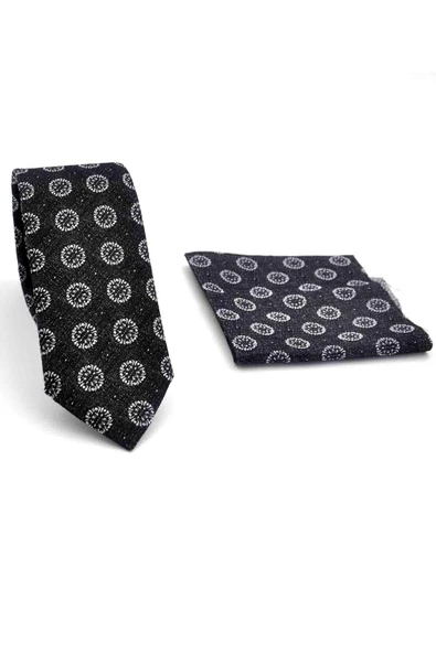 Gri Yuvarlak Desenli Siyah Dokuma Kumaş Mendilli Slim Fit Kravat // SDK-250204 - Resim 2