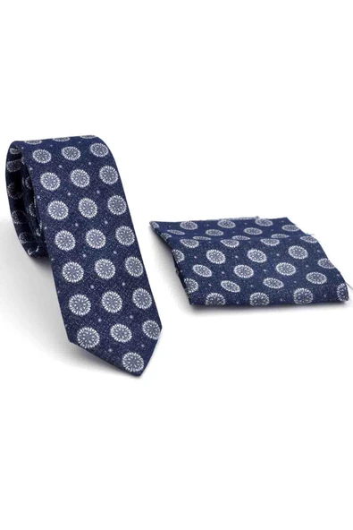 Gri Yuvarlak Desenli Lacivert Dokuma Kumaş Mendilli Slim Fit Kravat // SDK-250205 - Resim 2