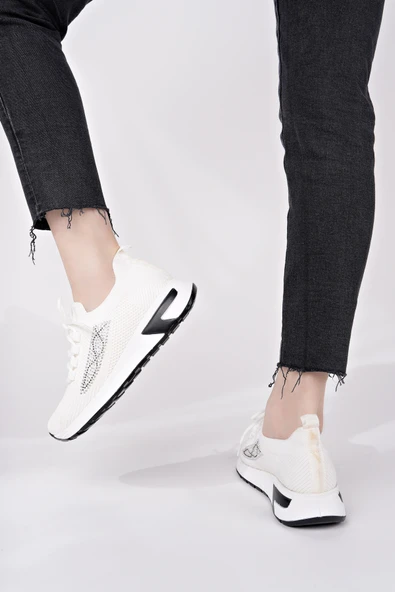 Muggo MARTHA Kadın Kalın Taban Günlük Triko Taşlı Bağcıklı Sneaker Spor Ayakkabı - 3
