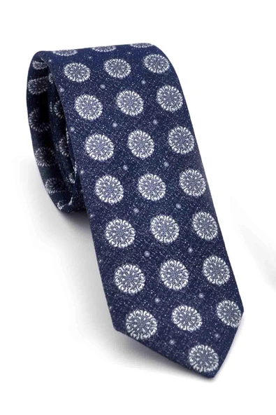 Gri Yuvarlak Desenli Lacivert Dokuma Kumaş Mendilli Slim Fit Kravat // SDK-250205