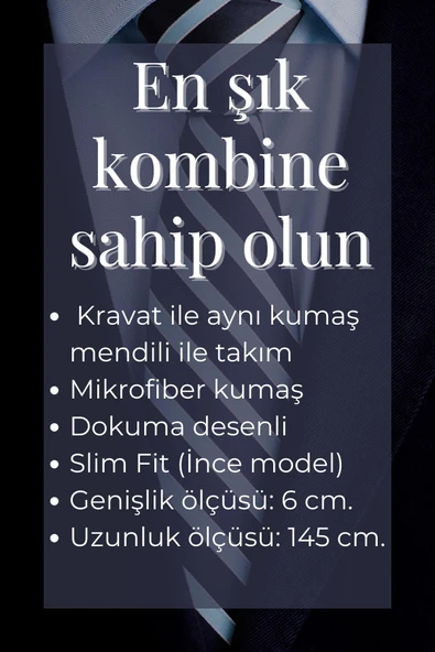 Gri Yuvarlak Desenli Lacivert Dokuma Kumaş Mendilli Slim Fit Kravat // SDK-250205 - Resim 4