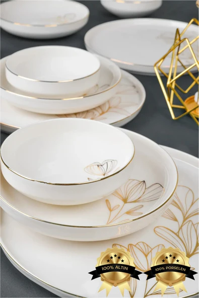 Farika Porselen Asude 18 Parça 6 Kişilik Altın Yaldız Porselen Yemek Takımı